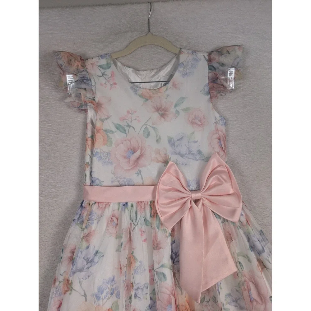 Rare Edition Dress Girl's 10 White Floral Flutter Sleeve Oversized Bow Tulle